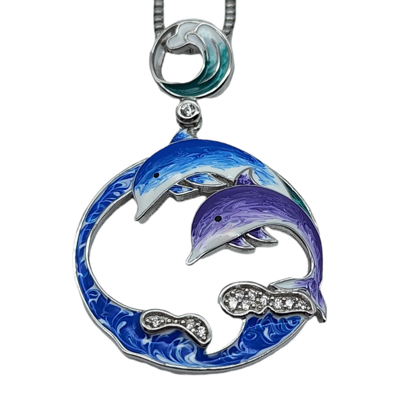 Hand Painted Twin Dolphin Necklace